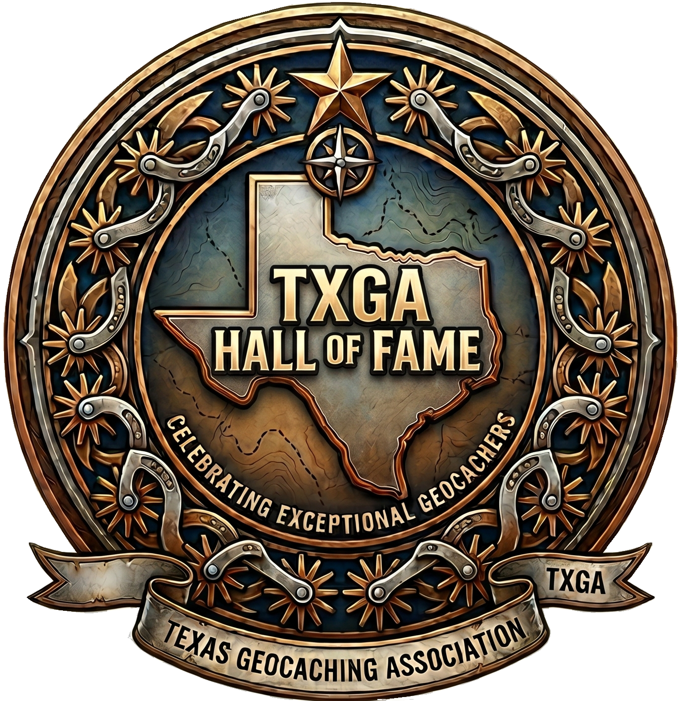 TXGA Hall of Fame emblem — Celebrating Exceptional Geocachers